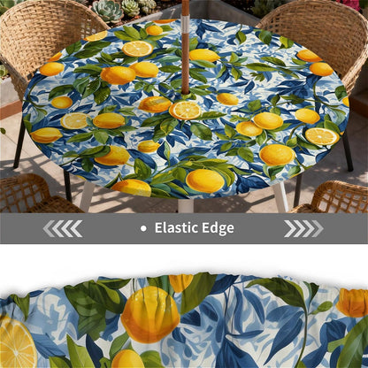 Round Outdoor Tablecloth with Umbrella Hole, Zippered Fitted Waterproof Tablecover with Elastic Edge Fits 49"-52" Round Tables for Patio Picnic Garden Camping Party, Lemon Grove Pattern