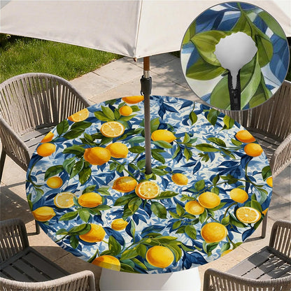 Round Outdoor Tablecloth with Umbrella Hole, Zippered Fitted Waterproof Tablecover with Elastic Edge Fits 49"-52" Round Tables for Patio Picnic Garden Camping Party, Lemon Grove Pattern