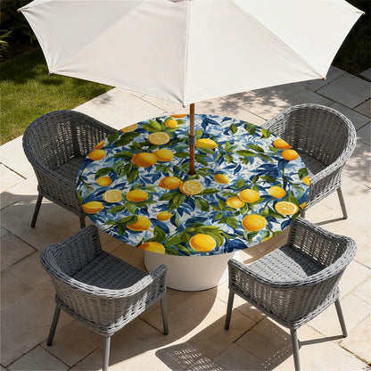 Round Outdoor Tablecloth with Umbrella Hole, Zippered Fitted Waterproof Tablecover with Elastic Edge Fits 49"-52" Round Tables for Patio Picnic Garden Camping Party, Lemon Grove Pattern