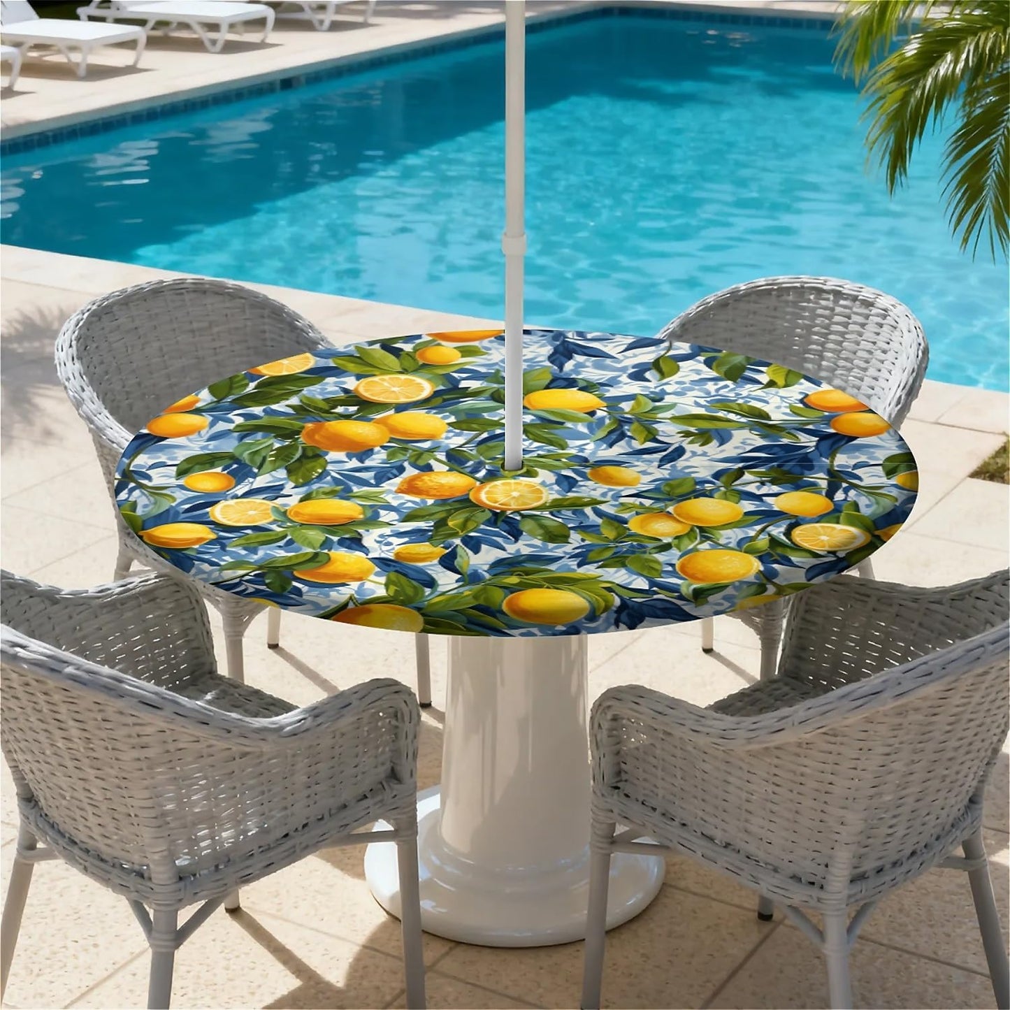 Round Outdoor Tablecloth with Umbrella Hole, Zippered Fitted Waterproof Tablecover with Elastic Edge Fits 49"-52" Round Tables for Patio Picnic Garden Camping Party, Lemon Grove Pattern