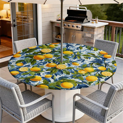 Round Outdoor Tablecloth with Umbrella Hole, Zippered Fitted Waterproof Tablecover with Elastic Edge Fits 49"-52" Round Tables for Patio Picnic Garden Camping Party, Lemon Grove Pattern
