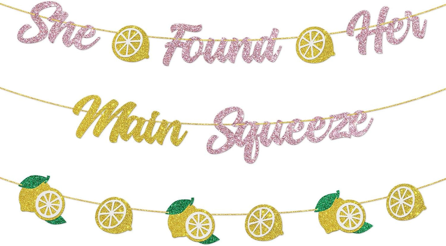 DUOMIMI She Found Her Main Squeeze Banner Lemon Theme Bridal Shower Bride to Be Wedding Engagement Bachelorette Party Supplies Gold Pink Glitter