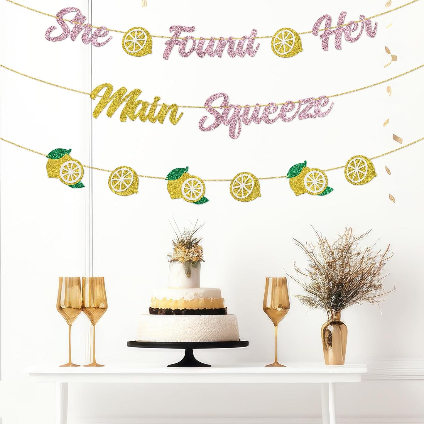 DUOMIMI She Found Her Main Squeeze Banner Lemon Theme Bridal Shower Bride to Be Wedding Engagement Bachelorette Party Supplies Gold Pink Glitter