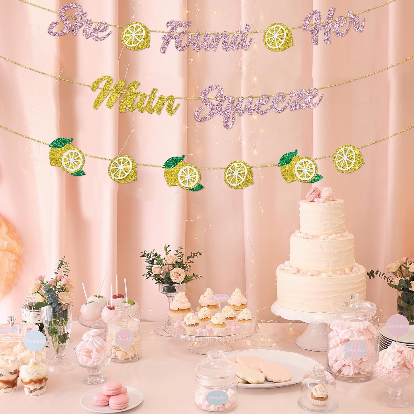 DUOMIMI She Found Her Main Squeeze Banner Lemon Theme Bridal Shower Bride to Be Wedding Engagement Bachelorette Party Supplies Gold Pink Glitter