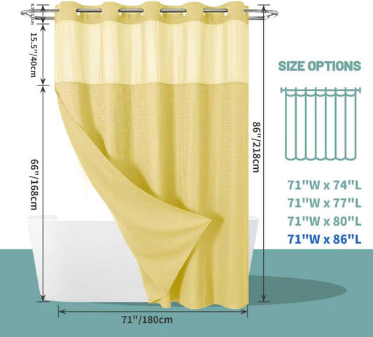Yellow No Hook Waffle Weave Shower Curtain with snap-in Liner Replacement, 230GSM Waterproof Fabric Hotel Shower Curtain Set for Bathroom, Through Mesh Top Window,71Wx86H