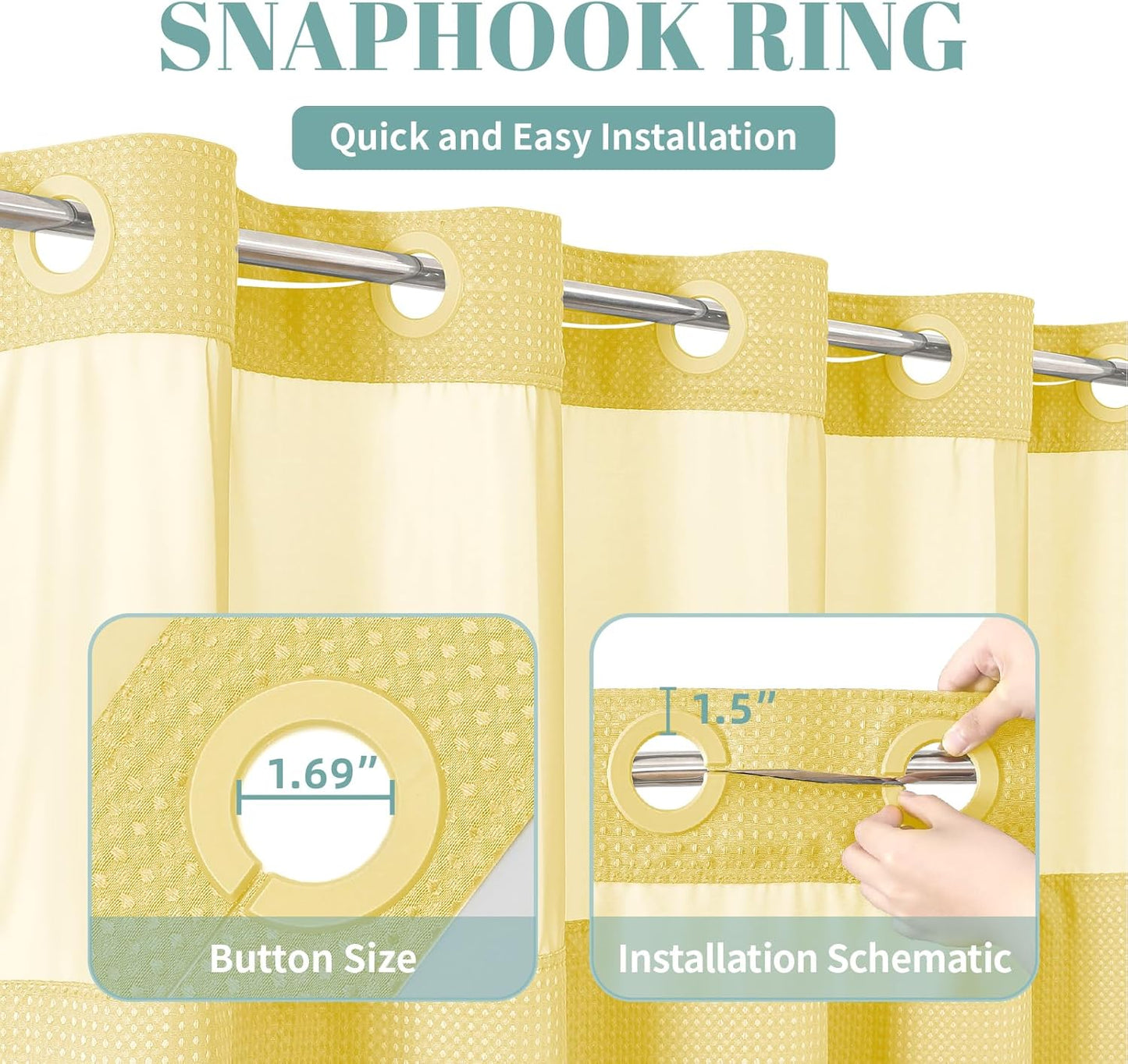 Yellow No Hook Waffle Weave Shower Curtain with snap-in Liner Replacement, 230GSM Waterproof Fabric Hotel Shower Curtain Set for Bathroom, Through Mesh Top Window,71Wx86H