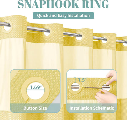 Yellow No Hook Waffle Weave Shower Curtain with snap-in Liner Replacement, 230GSM Waterproof Fabric Hotel Shower Curtain Set for Bathroom, Through Mesh Top Window,71Wx86H