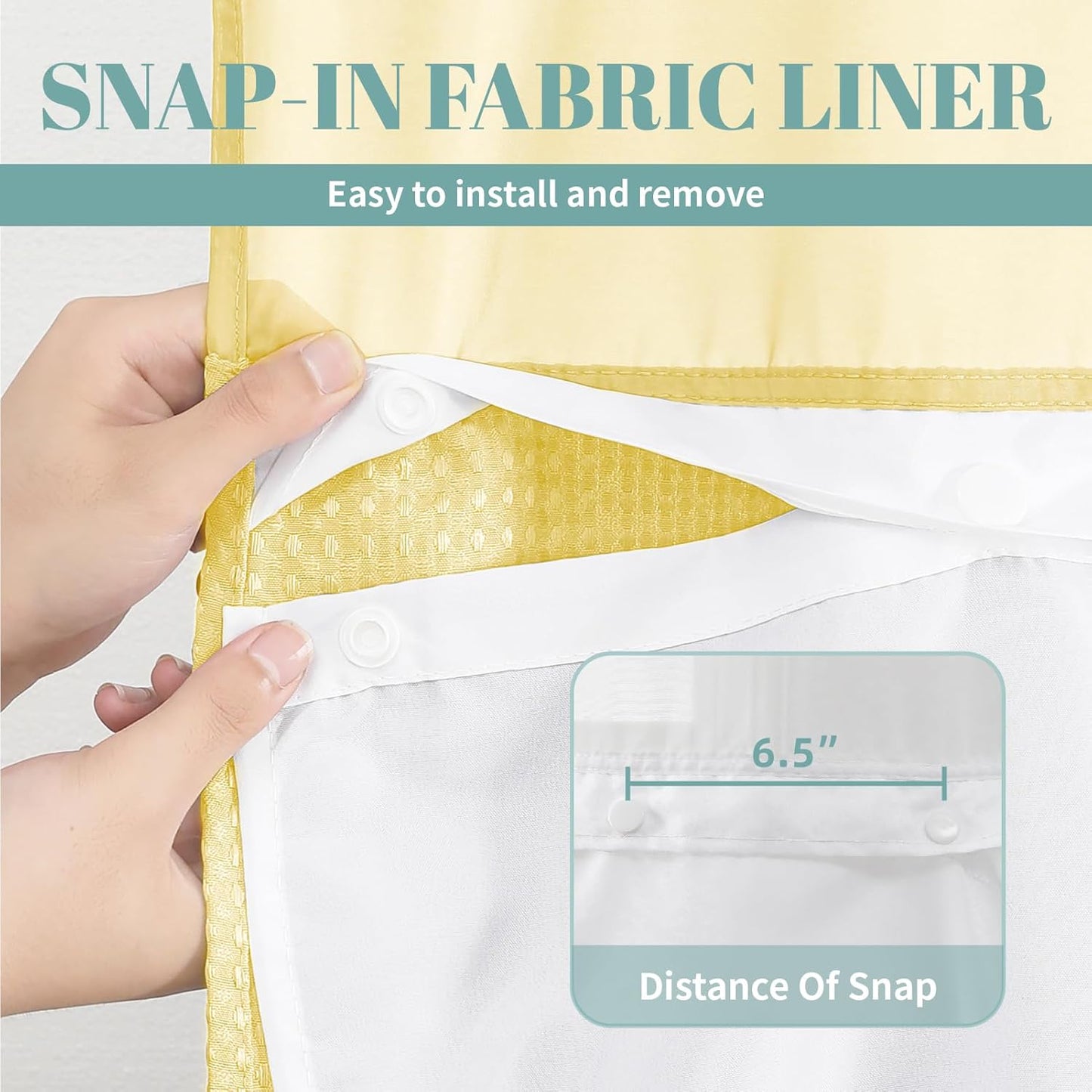 Yellow No Hook Waffle Weave Shower Curtain with snap-in Liner Replacement, 230GSM Waterproof Fabric Hotel Shower Curtain Set for Bathroom, Through Mesh Top Window,71Wx86H
