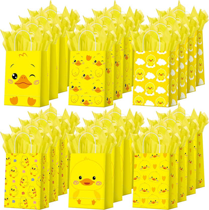 24 Pcs Duck Party Favors Bags Yellow Duck Gift Bag with Handles Tissue Paper Treat Goodie Candy Favor Tote Boxes for Baby Shower Birthday Party Supplies