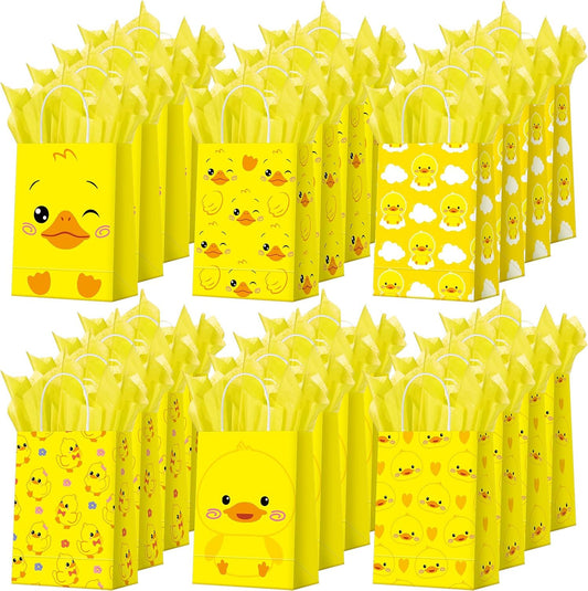 24 Pcs Duck Party Favors Bags Yellow Duck Gift Bag with Handles Tissue Paper Treat Goodie Candy Favor Tote Boxes for Baby Shower Birthday Party Supplies