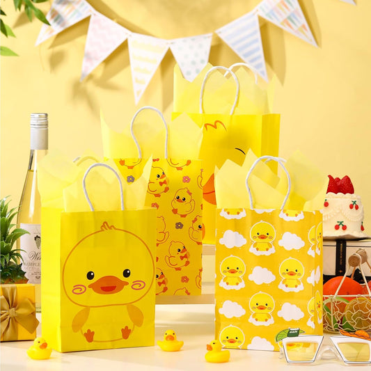 24 Pcs Duck Party Favors Bags Yellow Duck Gift Bag with Handles Tissue Paper Treat Goodie Candy Favor Tote Boxes for Baby Shower Birthday Party Supplies