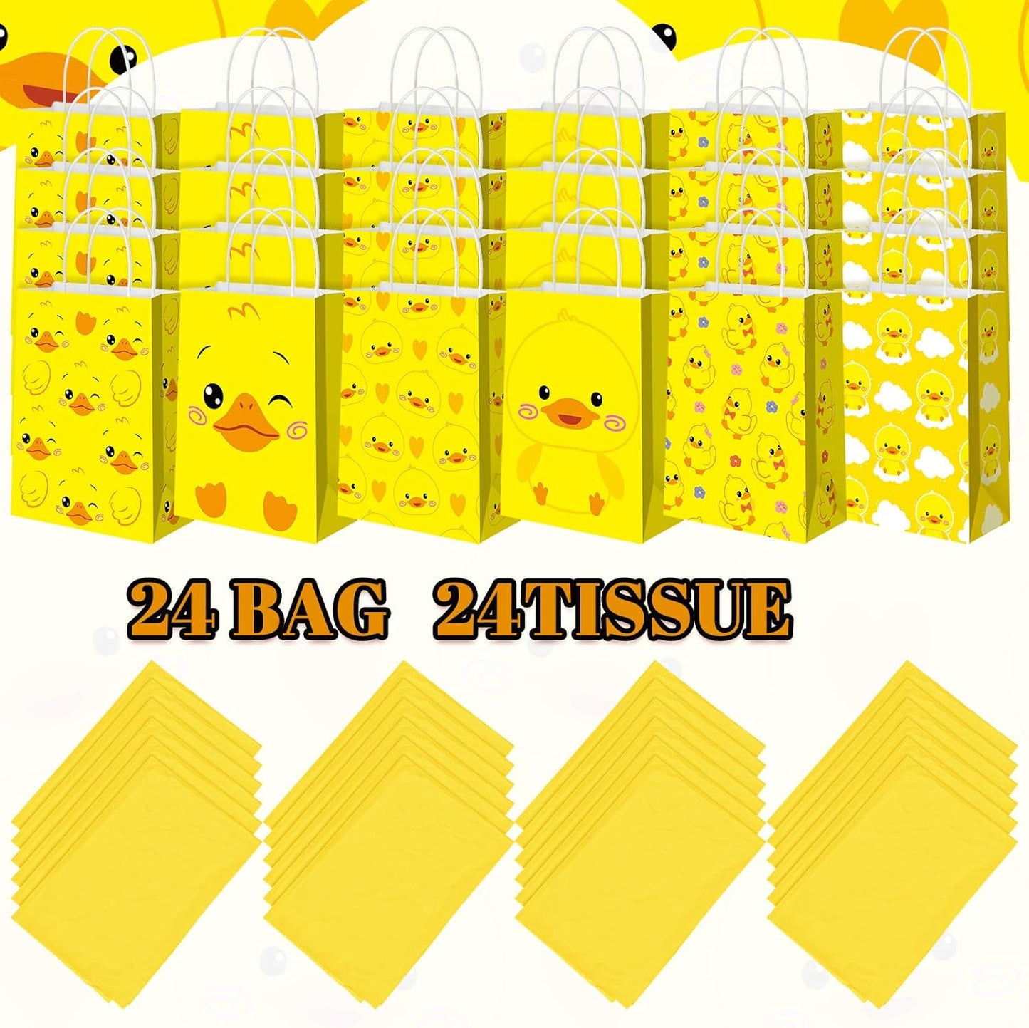 24 Pcs Duck Party Favors Bags Yellow Duck Gift Bag with Handles Tissue Paper Treat Goodie Candy Favor Tote Boxes for Baby Shower Birthday Party Supplies