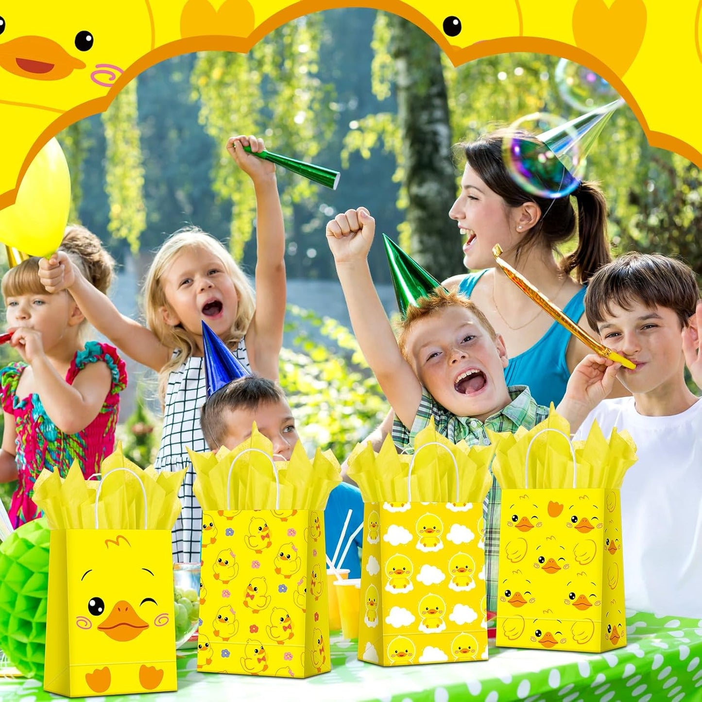 24 Pcs Duck Party Favors Bags Yellow Duck Gift Bag with Handles Tissue Paper Treat Goodie Candy Favor Tote Boxes for Baby Shower Birthday Party Supplies