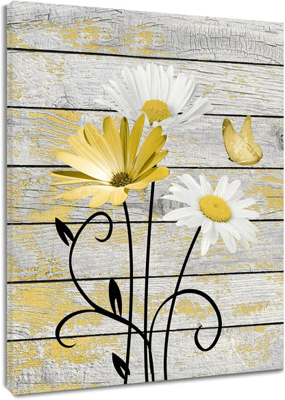 Farmhouse Yellow Floral Wall Art for Bathroom, Retro Daisy and Butterfly on Rustic Wood Canvas Wall Art Nature Flower Pictures for Living Room Bedroom Apartment Wall Decor,16L X 12W inches
