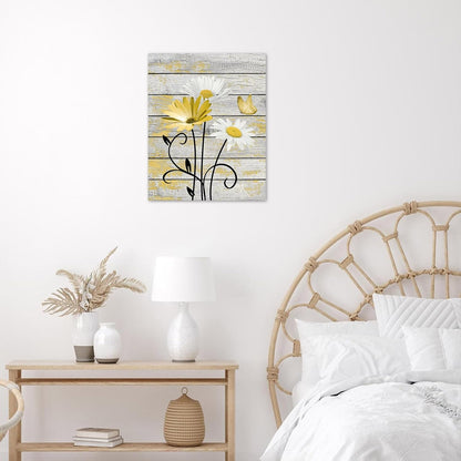 Farmhouse Yellow Floral Wall Art for Bathroom, Retro Daisy and Butterfly on Rustic Wood Canvas Wall Art Nature Flower Pictures for Living Room Bedroom Apartment Wall Decor,16L X 12W inches