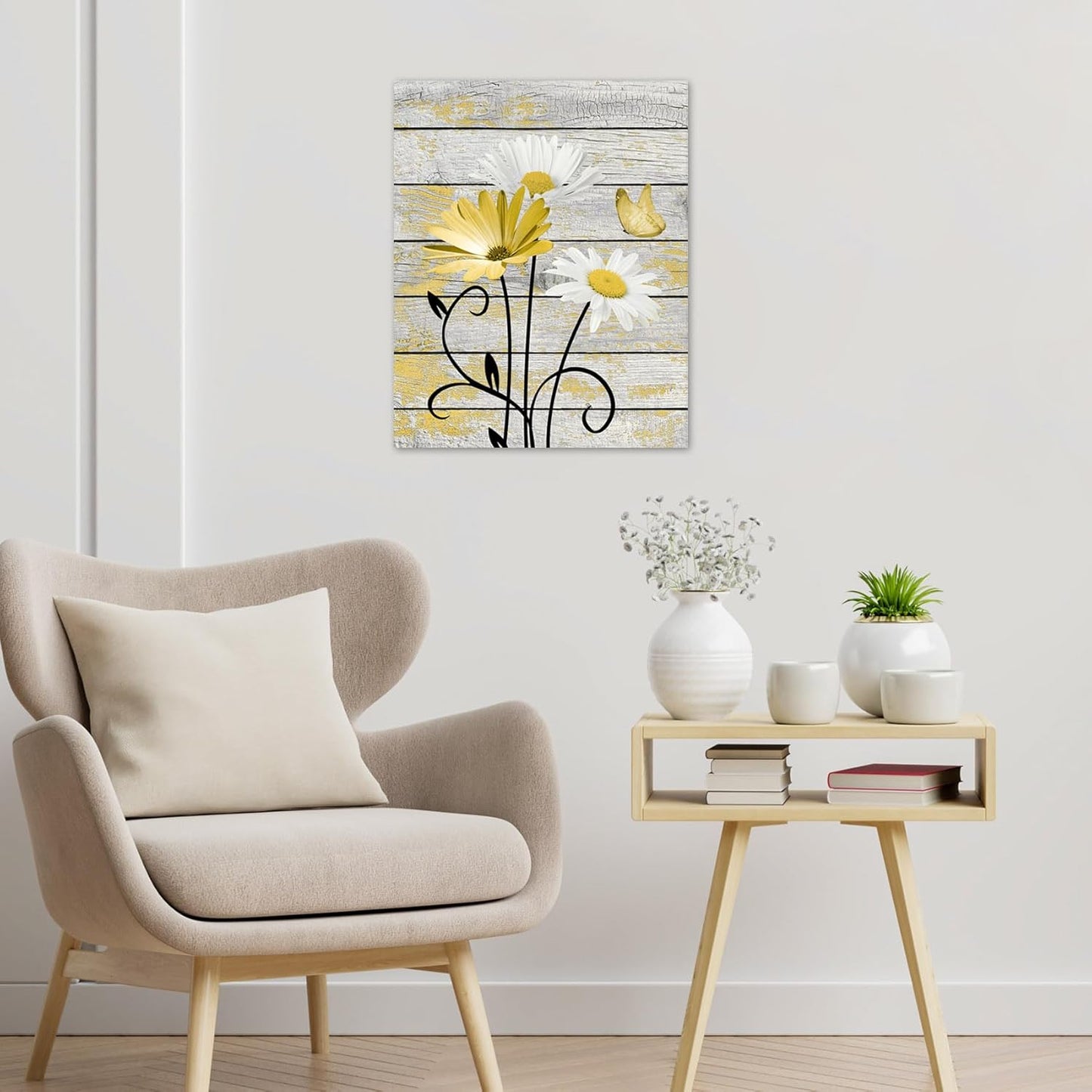 Farmhouse Yellow Floral Wall Art for Bathroom, Retro Daisy and Butterfly on Rustic Wood Canvas Wall Art Nature Flower Pictures for Living Room Bedroom Apartment Wall Decor,16L X 12W inches