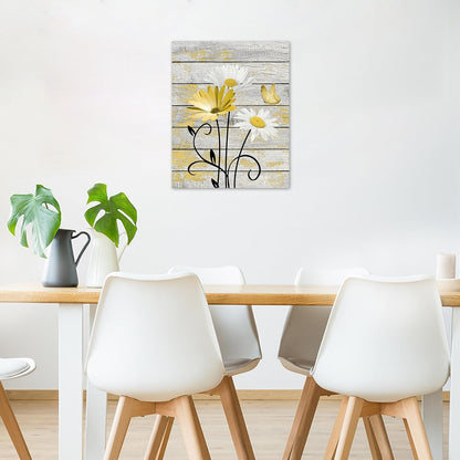 Farmhouse Yellow Floral Wall Art for Bathroom, Retro Daisy and Butterfly on Rustic Wood Canvas Wall Art Nature Flower Pictures for Living Room Bedroom Apartment Wall Decor,16L X 12W inches