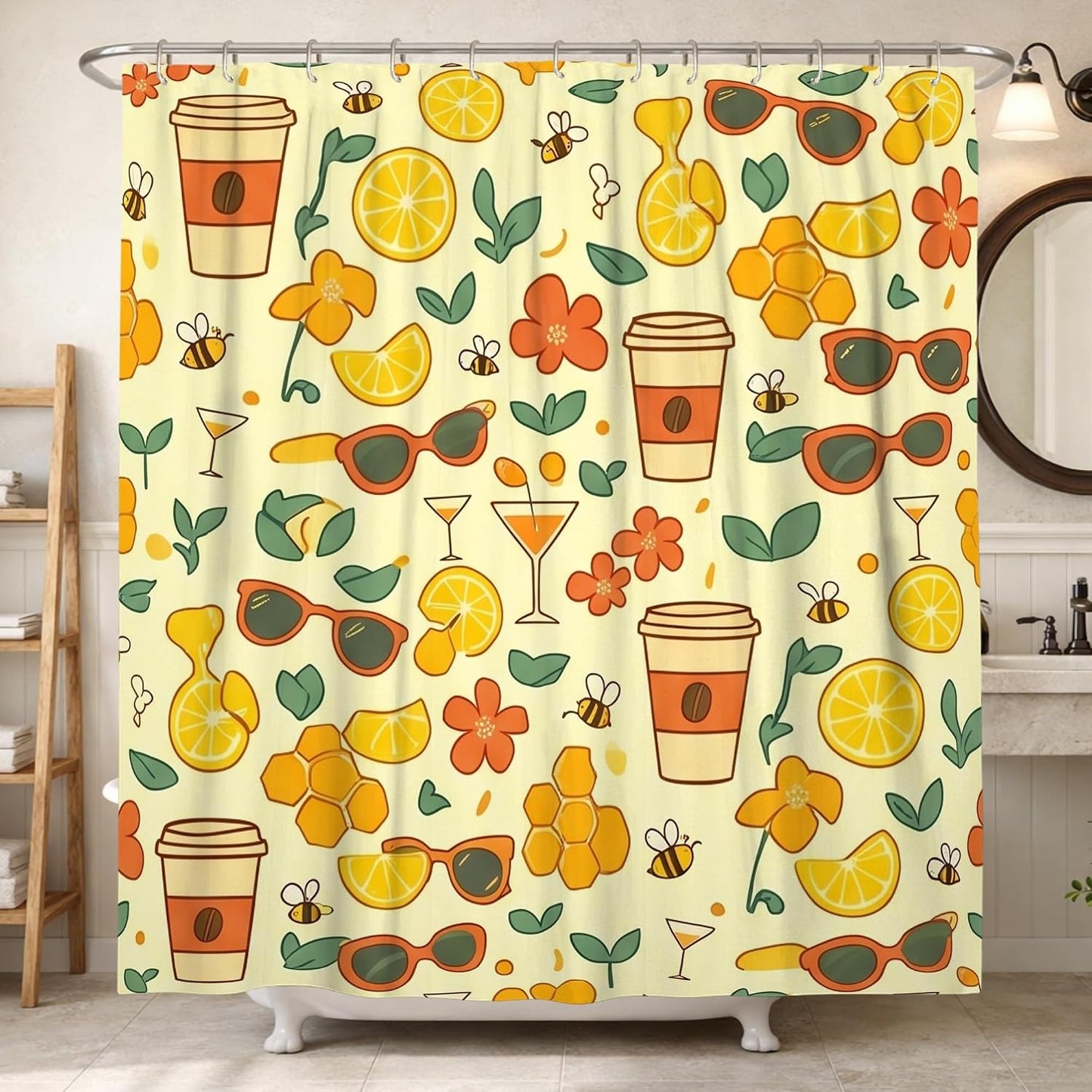 Lemon Shower Curtain, Summer Playful Flower Sunglasses Summer Yellow Waterproof Fabric Bathtub Cloth Curtains for Home Bathroom Toile Hotel Decor 62x72 Inch