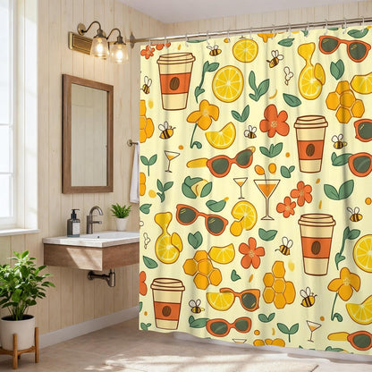 Lemon Shower Curtain, Summer Playful Flower Sunglasses Summer Yellow Waterproof Fabric Bathtub Cloth Curtains for Home Bathroom Toile Hotel Decor 62x72 Inch