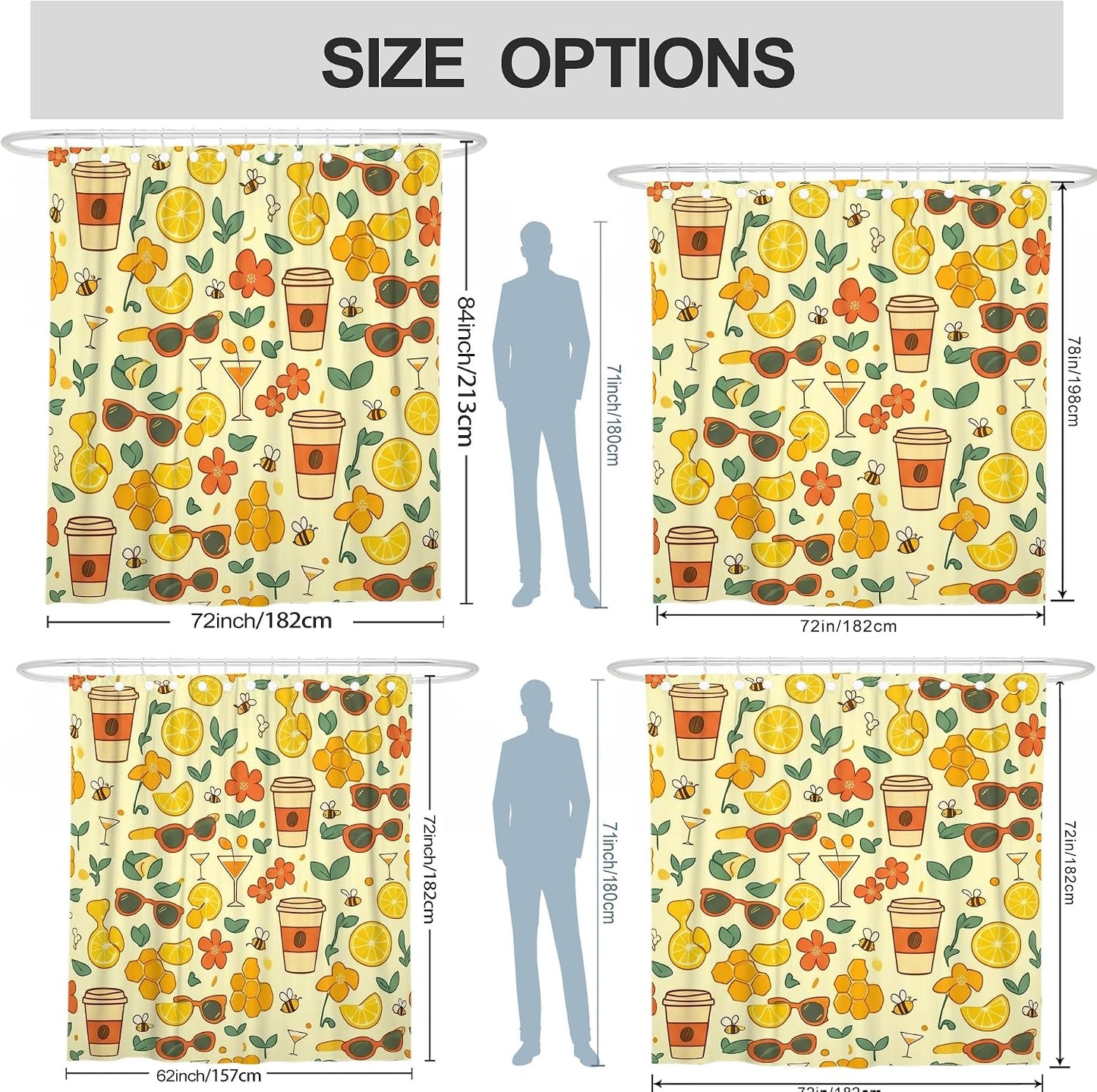 Lemon Shower Curtain, Summer Playful Flower Sunglasses Summer Yellow Waterproof Fabric Bathtub Cloth Curtains for Home Bathroom Toile Hotel Decor 62x72 Inch