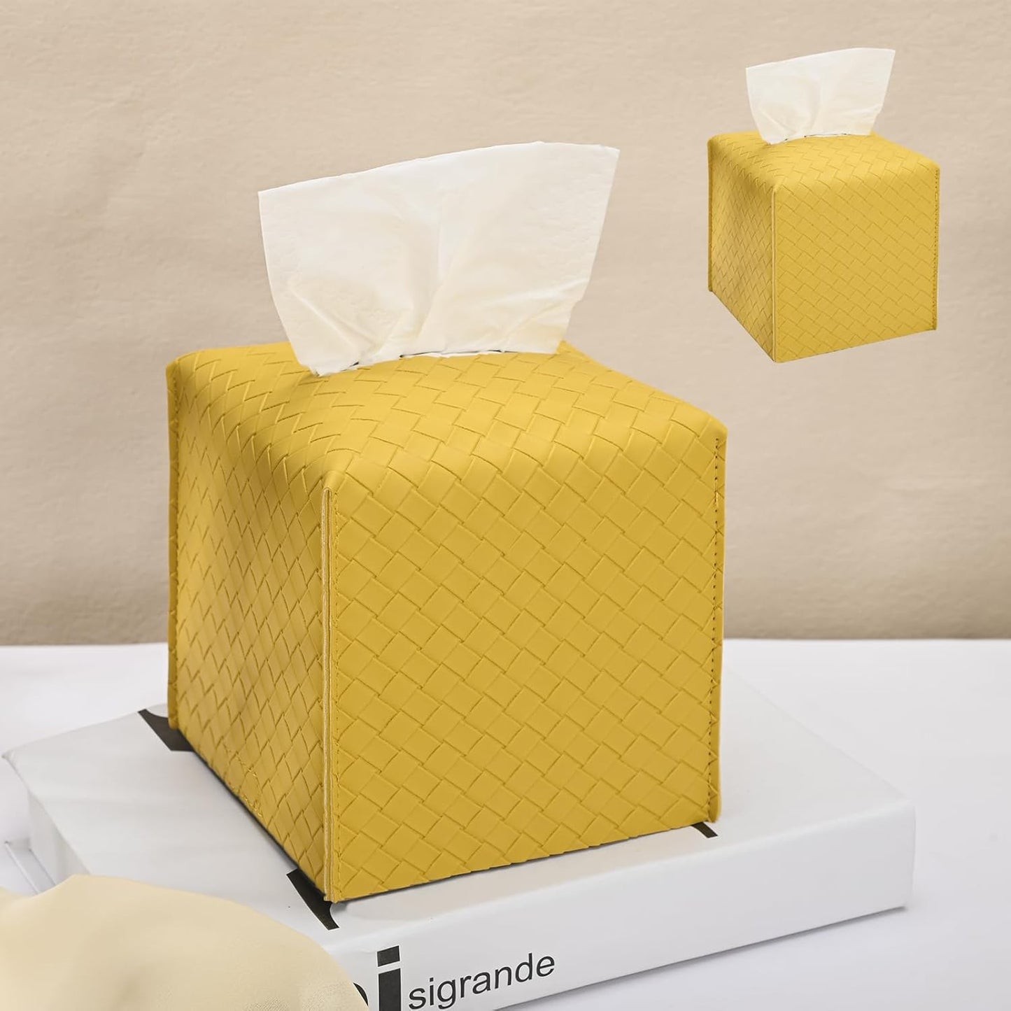 2 Pack Tissue Box Cover, Square PU Leather Tissue Holder, Decorative Facial Tissue Cube Paper Organizer Dispenser for Bathroom, Night Stands, Desk, Car 5X5X5'' - Woven Waffle,Mango Yellow