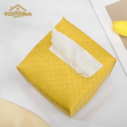 2 Pack Tissue Box Cover, Square PU Leather Tissue Holder, Decorative Facial Tissue Cube Paper Organizer Dispenser for Bathroom, Night Stands, Desk, Car 5X5X5'' - Woven Waffle,Mango Yellow