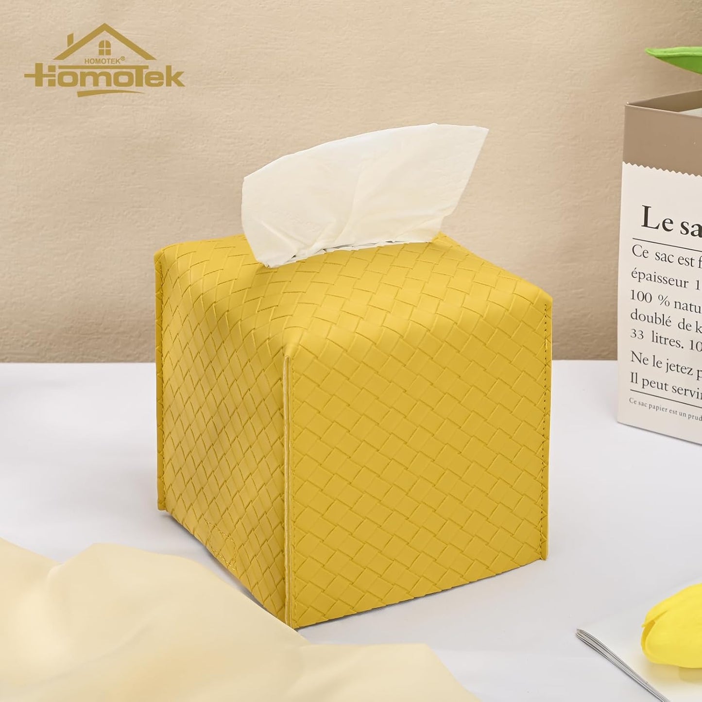 2 Pack Tissue Box Cover, Square PU Leather Tissue Holder, Decorative Facial Tissue Cube Paper Organizer Dispenser for Bathroom, Night Stands, Desk, Car 5X5X5'' - Woven Waffle,Mango Yellow