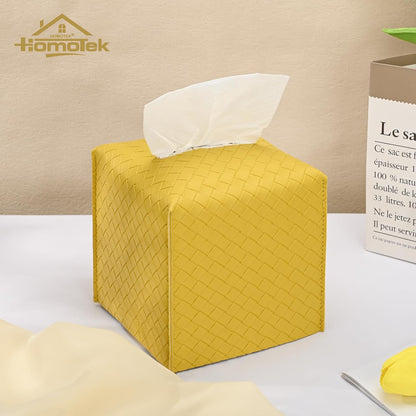 2 Pack Tissue Box Cover, Square PU Leather Tissue Holder, Decorative Facial Tissue Cube Paper Organizer Dispenser for Bathroom, Night Stands, Desk, Car 5X5X5'' - Woven Waffle,Mango Yellow
