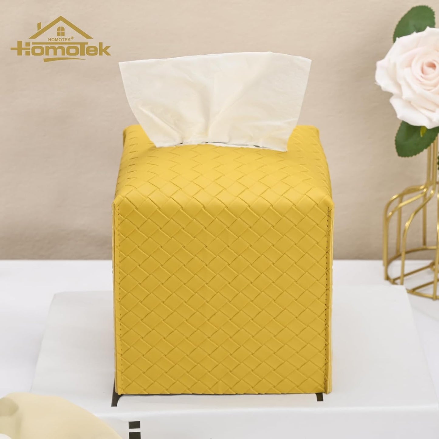 2 Pack Tissue Box Cover, Square PU Leather Tissue Holder, Decorative Facial Tissue Cube Paper Organizer Dispenser for Bathroom, Night Stands, Desk, Car 5X5X5'' - Woven Waffle,Mango Yellow