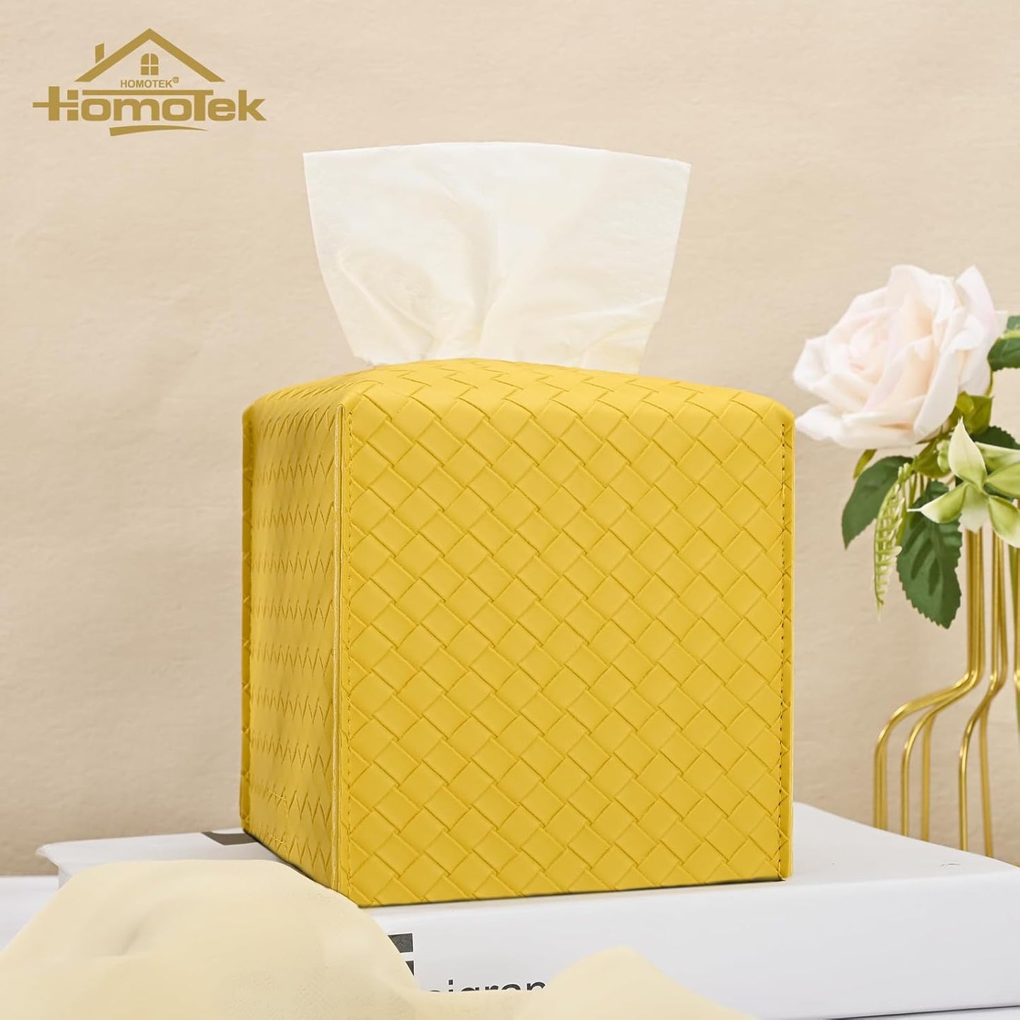 2 Pack Tissue Box Cover, Square PU Leather Tissue Holder, Decorative Facial Tissue Cube Paper Organizer Dispenser for Bathroom, Night Stands, Desk, Car 5X5X5'' - Woven Waffle,Mango Yellow