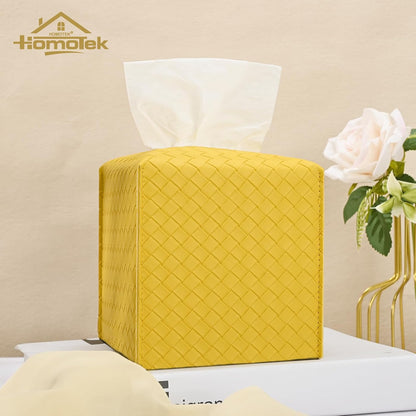 2 Pack Tissue Box Cover, Square PU Leather Tissue Holder, Decorative Facial Tissue Cube Paper Organizer Dispenser for Bathroom, Night Stands, Desk, Car 5X5X5'' - Woven Waffle,Mango Yellow