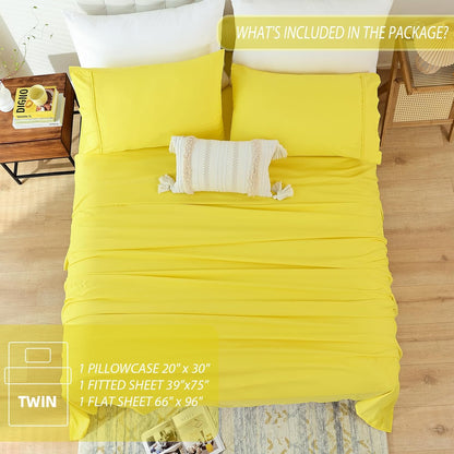 Twin Sheet Set - 3 Piece Bed Sheets for Twin Size Bed, Luxury Soft Breathable Microfiber, Extra Deep Pocket, Bedding Sheets & Pillowcase, Wrinkle Free Oeko-Tex, Yellow