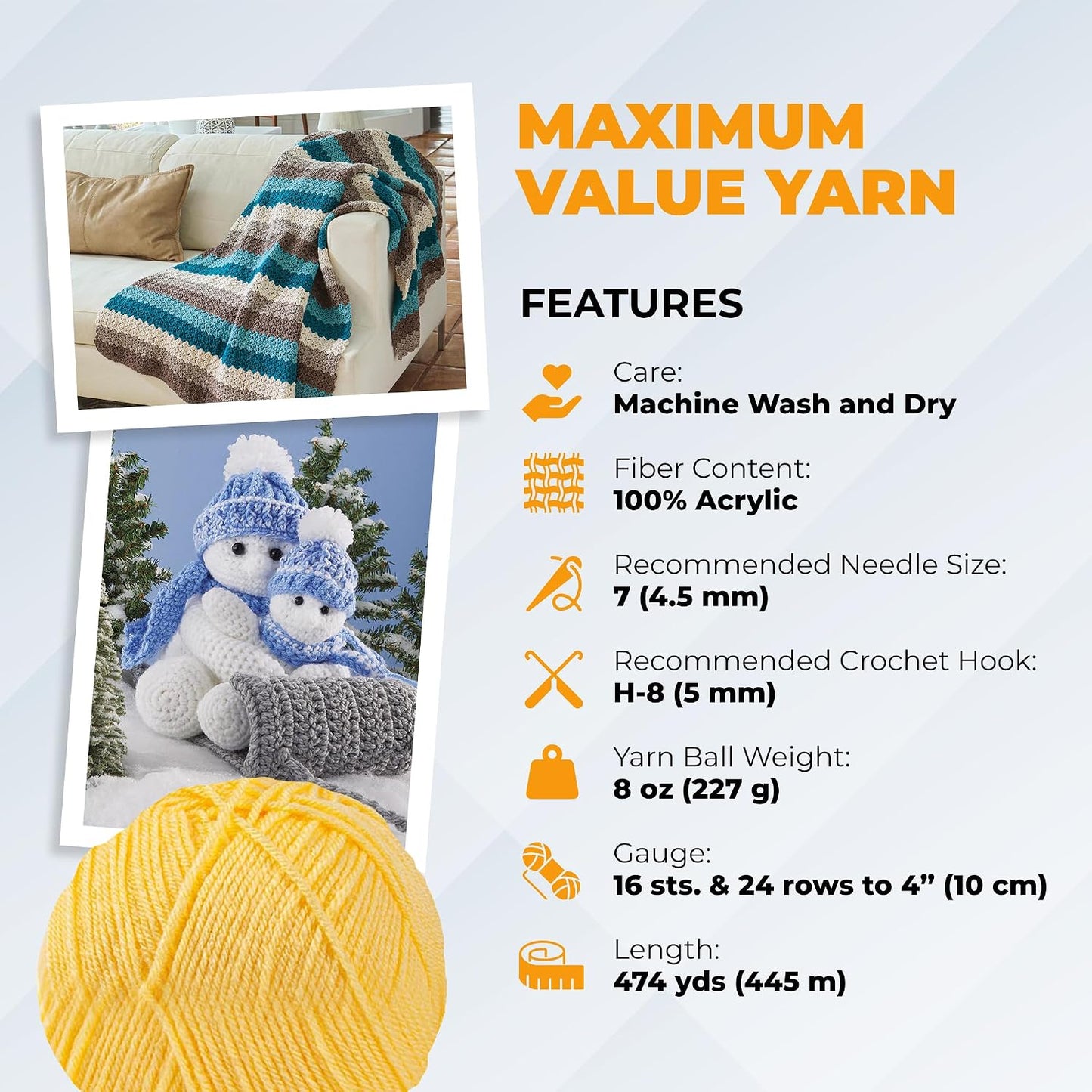 Maximum Value Acrylic Yarn for Crocheting and Knitting, Soft Worsted Weight Yellow Yarn 4, Ideal for Blankets, Sweaters, Hats, and Scarves, 8 oz Skein (474 Yds), Yellow - 1 Skein