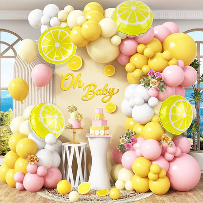 Lemon Balloon Arch Garland,150pcs Yellow Light Pink and White Balloon Arch Kit with Lemon Yellow Foil Balloons for Lemon Baby Shower,Lemonade Party Main Squeeze Bridal Shower Decorations