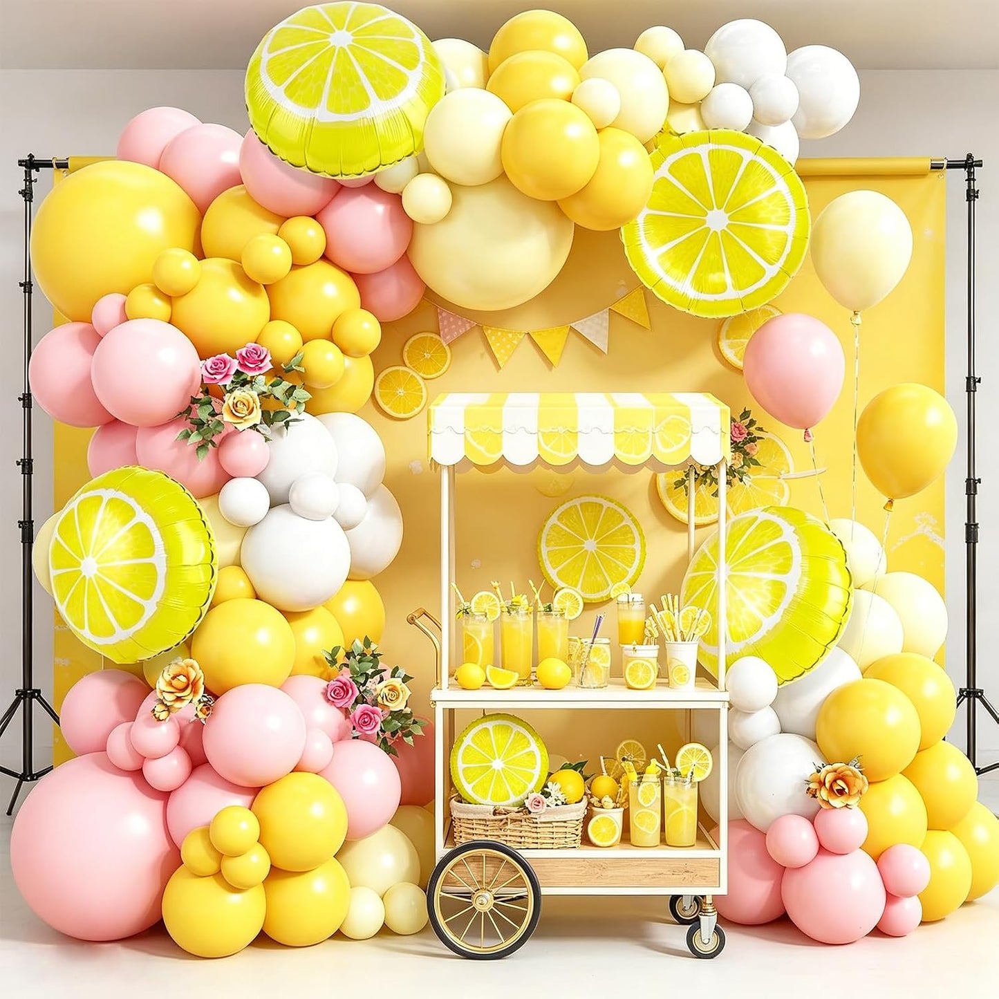 Lemon Balloon Arch Garland,150pcs Yellow Light Pink and White Balloon Arch Kit with Lemon Yellow Foil Balloons for Lemon Baby Shower,Lemonade Party Main Squeeze Bridal Shower Decorations