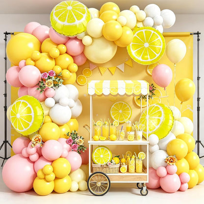 Lemon Balloon Arch Garland,150pcs Yellow Light Pink and White Balloon Arch Kit with Lemon Yellow Foil Balloons for Lemon Baby Shower,Lemonade Party Main Squeeze Bridal Shower Decorations