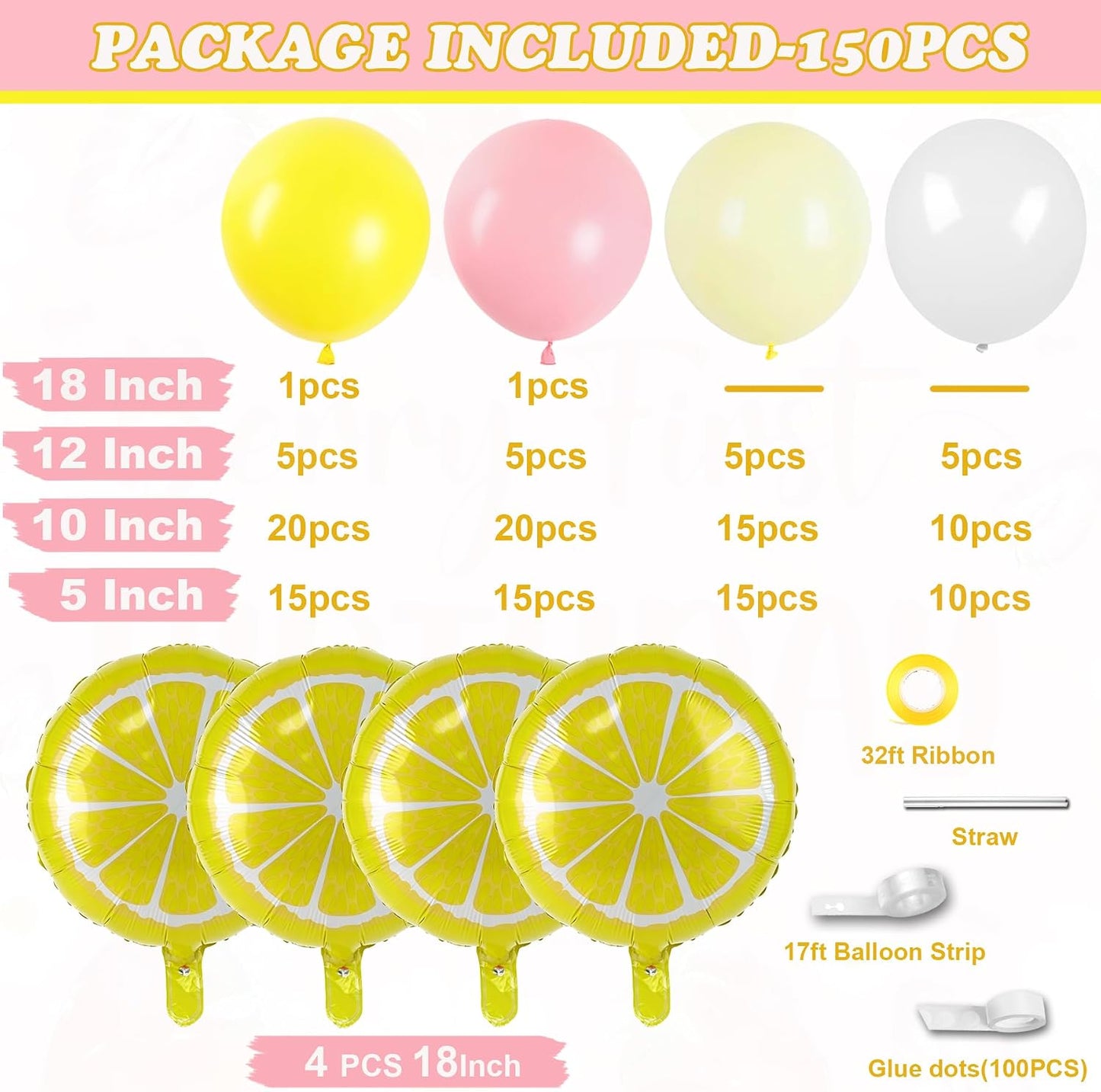 Lemon Balloon Arch Garland,150pcs Yellow Light Pink and White Balloon Arch Kit with Lemon Yellow Foil Balloons for Lemon Baby Shower,Lemonade Party Main Squeeze Bridal Shower Decorations