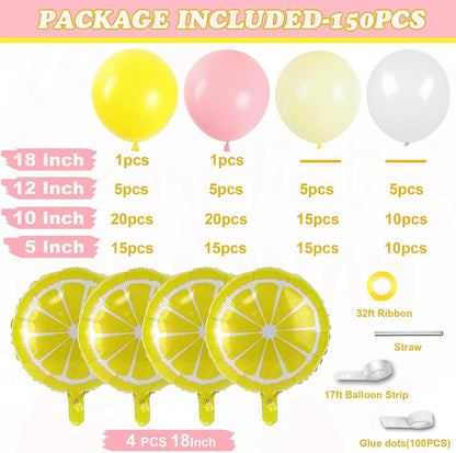 Lemon Balloon Arch Garland,150pcs Yellow Light Pink and White Balloon Arch Kit with Lemon Yellow Foil Balloons for Lemon Baby Shower,Lemonade Party Main Squeeze Bridal Shower Decorations