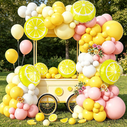 Lemon Balloon Arch Garland,150pcs Yellow Light Pink and White Balloon Arch Kit with Lemon Yellow Foil Balloons for Lemon Baby Shower,Lemonade Party Main Squeeze Bridal Shower Decorations