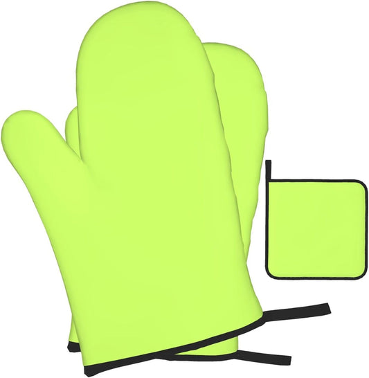 3PCS Oven Mitts and Pot Holders Sets, Solid Color Light Yellow Green Oven Mitts Set Heat Resistant Kitchen Microwave Gloves Safe for Baking,Cooking, BBQ
