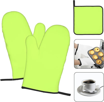 3PCS Oven Mitts and Pot Holders Sets, Solid Color Light Yellow Green Oven Mitts Set Heat Resistant Kitchen Microwave Gloves Safe for Baking,Cooking, BBQ
