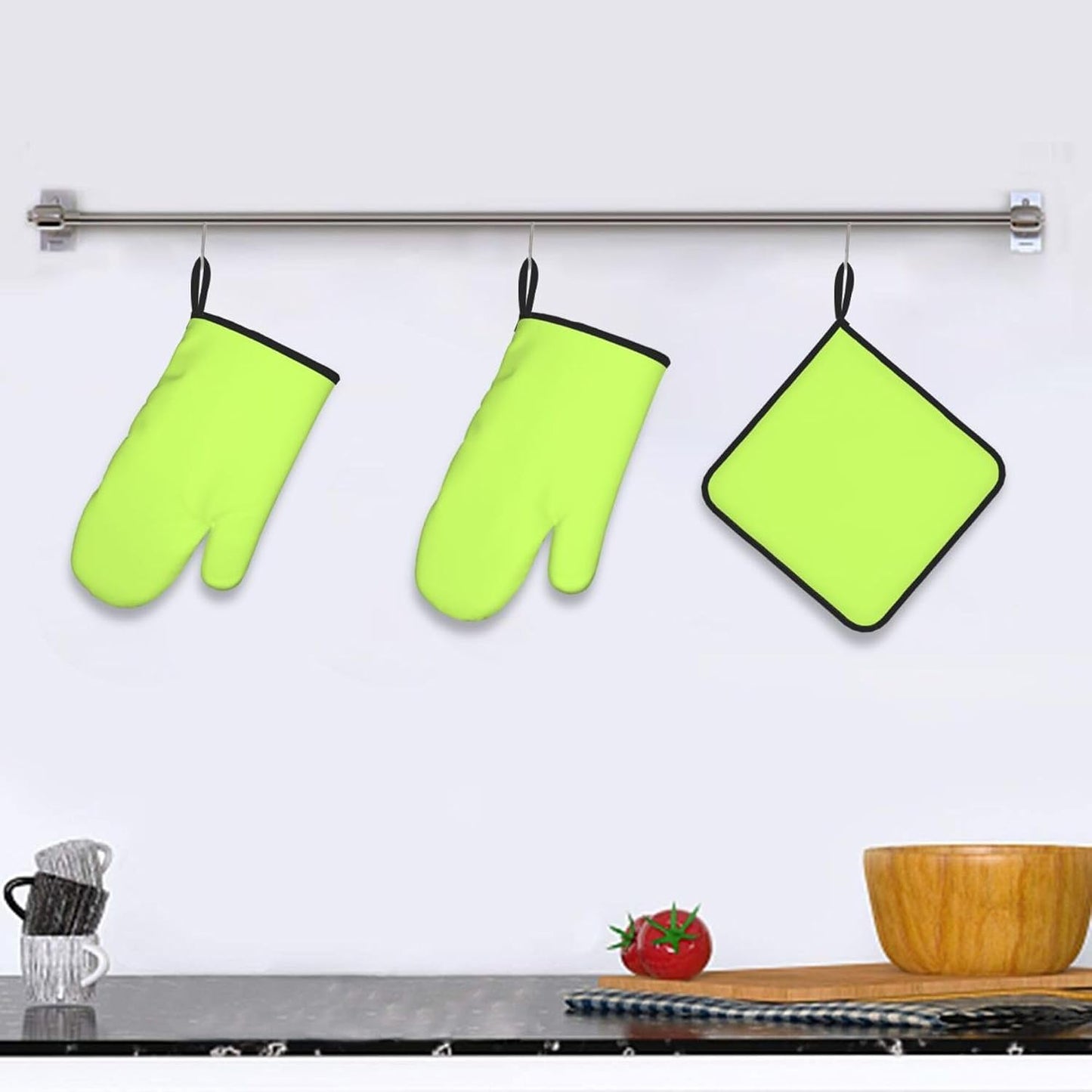 3PCS Oven Mitts and Pot Holders Sets, Solid Color Light Yellow Green Oven Mitts Set Heat Resistant Kitchen Microwave Gloves Safe for Baking,Cooking, BBQ