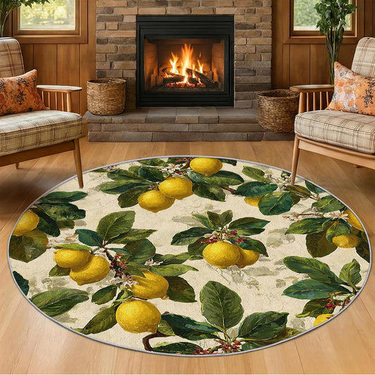 Lemon Round Rug, 4ft Fruit Vintage Botanical Circle Area Rugs for Living Room, Lemon Decor Circular Carpet for Bedroom, Dinning Room Table, Soft Washable Thin Non Slip H165g