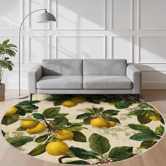 Lemon Round Rug, 4ft Fruit Vintage Botanical Circle Area Rugs for Living Room, Lemon Decor Circular Carpet for Bedroom, Dinning Room Table, Soft Washable Thin Non Slip H165g