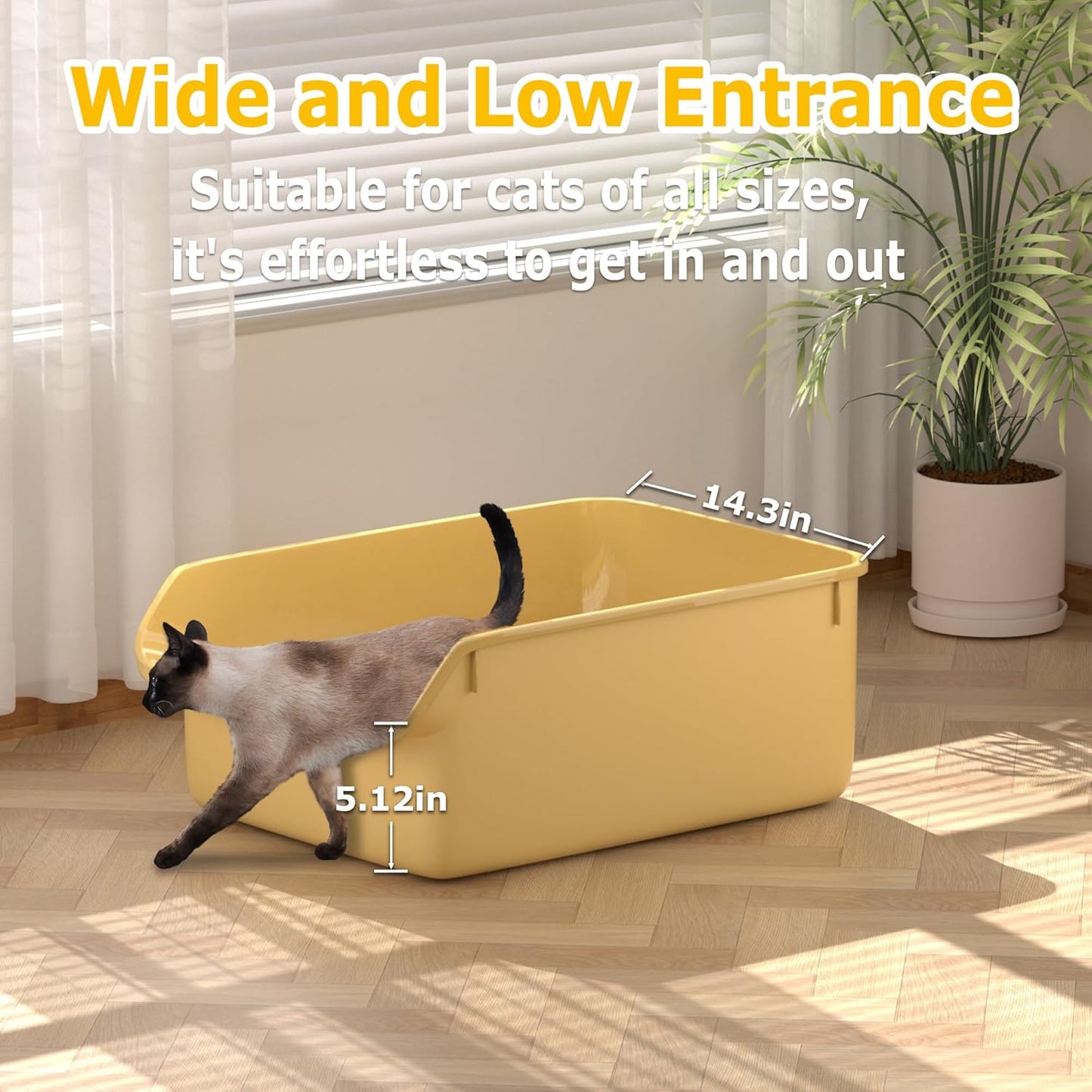 Large Cat Litter Box with High Side Cat Litter Pan Boxes for Indoor Cats Kitty Litter Box with Low Entry Open Top Entrance,Anti-Splashing(Yellow)