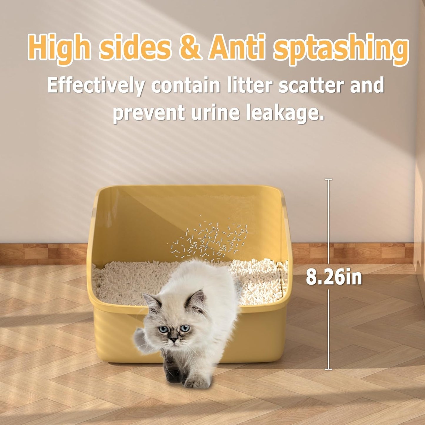 Large Cat Litter Box with High Side Cat Litter Pan Boxes for Indoor Cats Kitty Litter Box with Low Entry Open Top Entrance,Anti-Splashing(Yellow)