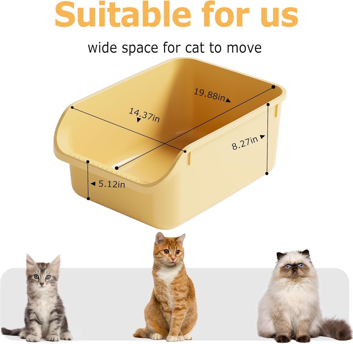 Large Cat Litter Box with High Side Cat Litter Pan Boxes for Indoor Cats Kitty Litter Box with Low Entry Open Top Entrance,Anti-Splashing(Yellow)