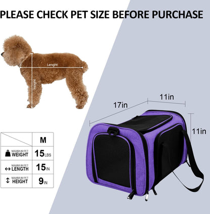 Pet Carrier for Small Medium Cats Dogs Puppies up to 15 Lbs, Airline Approved Small Dog Carrier Soft Sided, Collapsible Travel Puppy Carrier - Purple