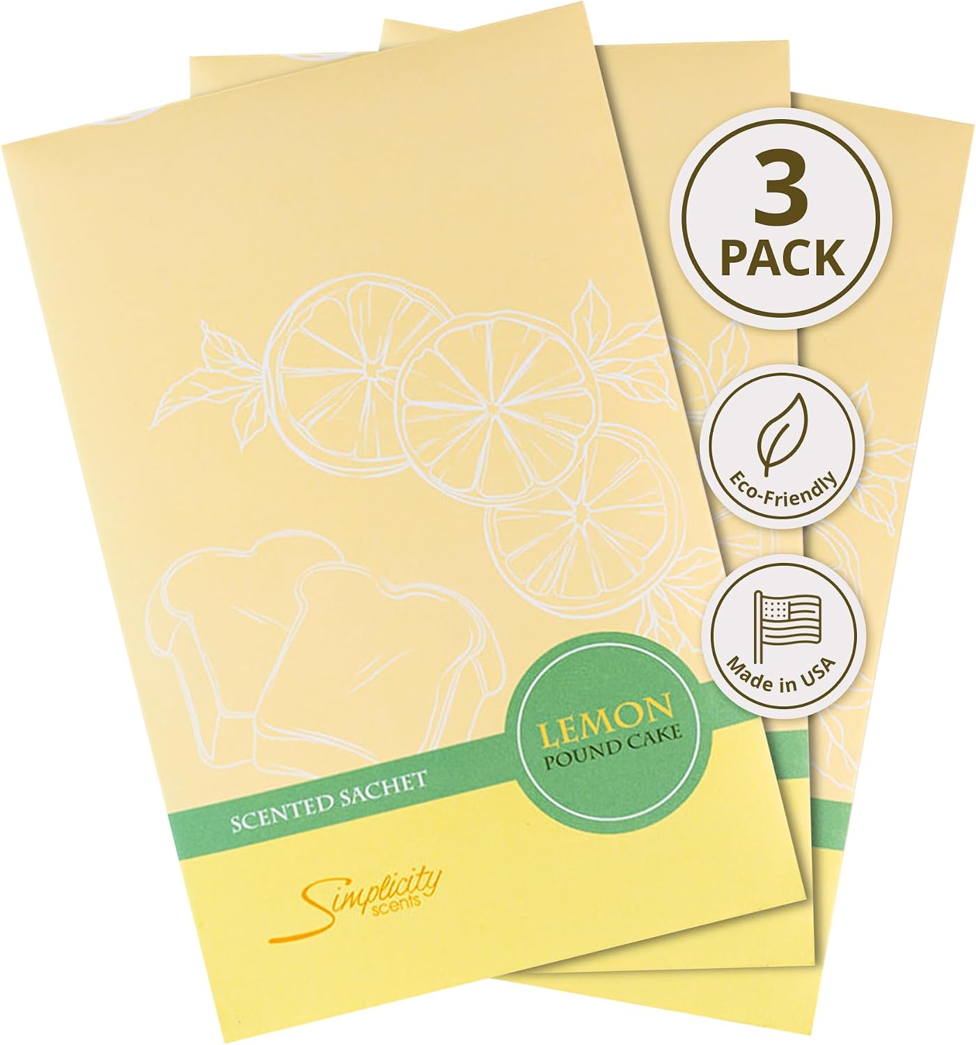 Lemon Poundcake Scented Sachets Pack of 3, Everyday - Long-Lasting Scented Bags, Home Fragrance, Air Freshener & Deodorizer for Closet, Room, Drawer, or Cars, Made in USA