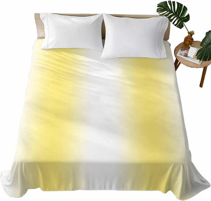 Lemon Yellow White Flat Bed Sheet Queen Size for Queen Mattress, Microfiber Bedding Top Sheets Deep Pocket for All Seasons, Gradient Vertical Stripes Geometric Soft & Breathable Hotel Quality